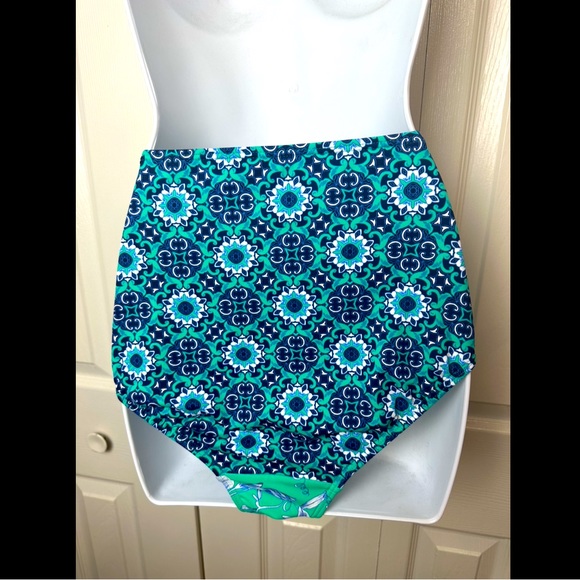 LANDS END Retro High Waisted Swimsuit Bottoms Briefs Green Floral Medallion Geo - Picture 5 of 9